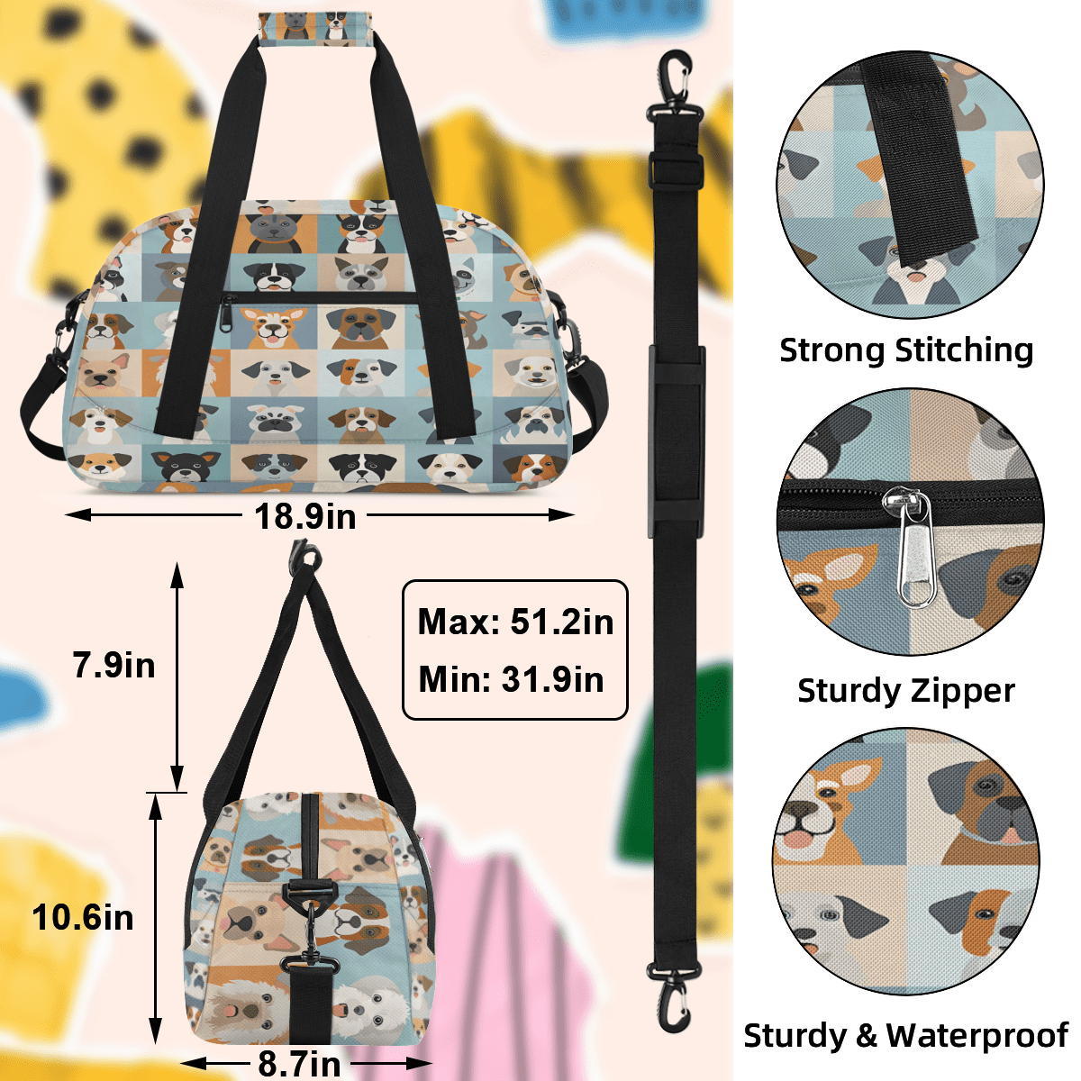 Herdesigns Cute Animal Dogs Puppy Sports Duffle Bag for Women & Men, Gym Bag Dance Bag Overnight Bag Carry On Weekender Travel Bag