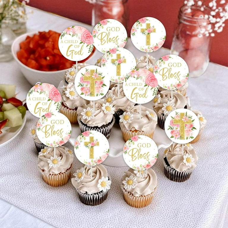 36 PCS Baptism Cupcake Toppers Pink Gold, God Bless Cross Cupcake Picks First Holy Communion Christening Cupcake Decorations, Christian Religious Baby Shower Birthday Party Supplies - Walmart.com for Baptism Cupcake Toppers Printable Free