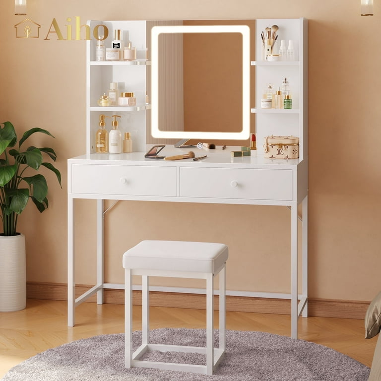 Makeup Vanity Sets with Rectangle Lighted Mirror, Bedroom Makeup Dressing Table with 5 Drawers, White