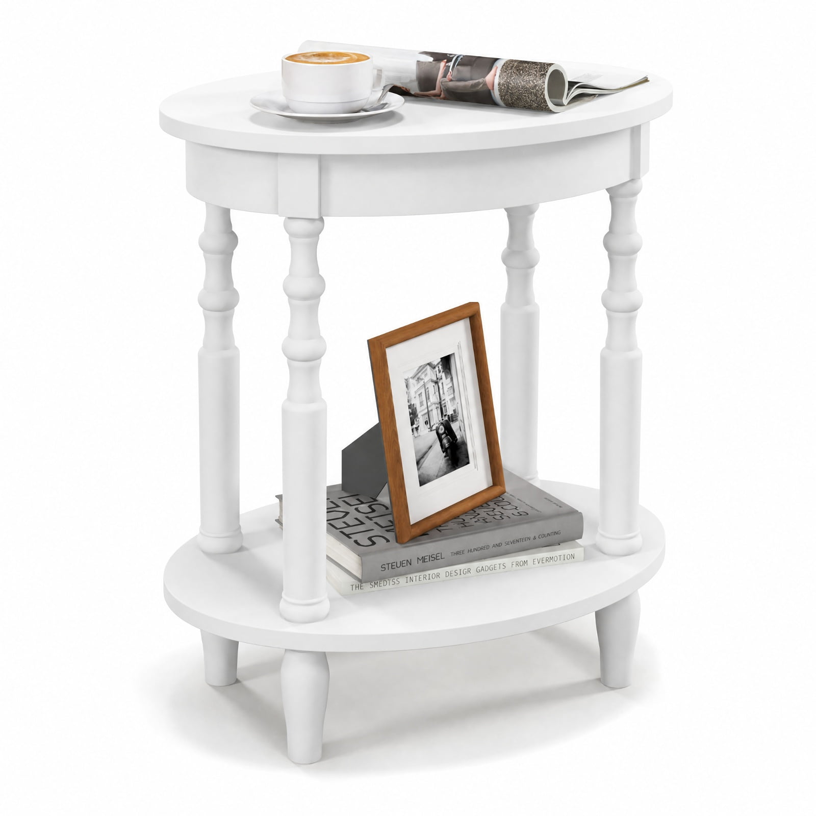 Furnibear 2 Tier Oval Side Table with Storage Shelf and Solid Rubber Wood Legs for Living Room Bedroom and Home Office, White