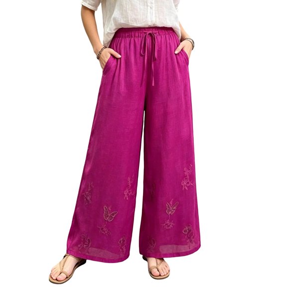 PBFRDSJ Cotton Linen Plazzo Pants for Women Boho Floral Embroidered Drawstring Pants Casual Wide Leg Peasant Vacation Bottoms