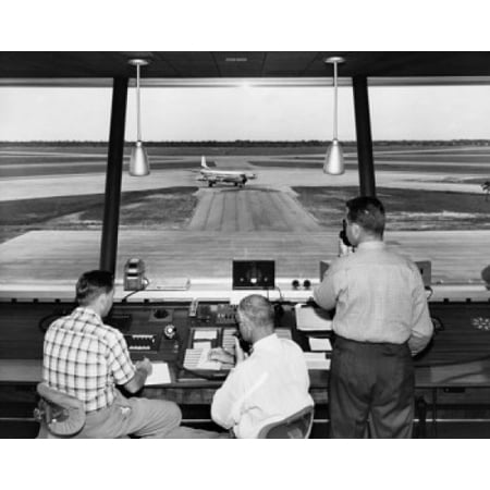 Rear view of three technicians working in an air traffic control tower Sarasota-Bradenton International Airport Sarasota Florida USA Stretched Canvas -  (18 x