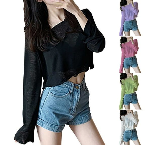 Vrorvz Womens Long Sleeve Cover up Tops Summer Lightweight Crop Shirts Beach Vacation Summer Top Clothes