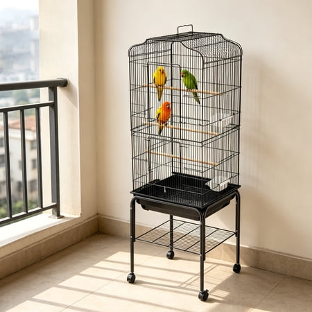 Large Bird Cage with Wheels, Black Rolling Parrot Breeding Cage for Cockatiels Budgerigars Lovebirds Canaries with 4 Wheels & Storage Shelf, 54" Tall Freestanding Aviary