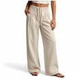 thumbnail image 7 of Women's Cotton Blend Straight Leg Pants with Pockets, Mid Elastic Waist, Soft Loose Fit, Casual Business Beach, Cropped Pants | VerBelle,Beige L, 7 of 7