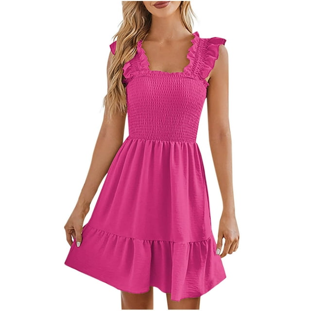 Staron Robes d'Été pour Femmes en Liquidation à Moins de 10$ Robe Bohème à Volants Décontractée Printemps Col Carré Sans Manches à Volants Mini Robes Fluides Rose Vif G
