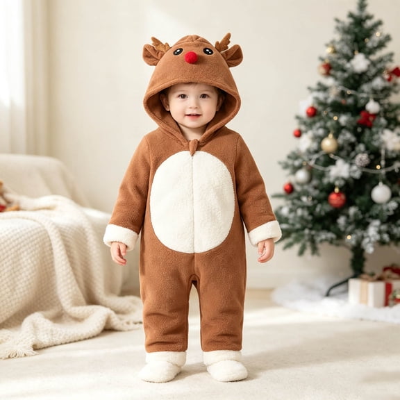 Pandaie Infant Baby Reindeer Hooded Fleece Jumpsuit 3D Antler Full Zip Plush One Piece Romper for Christmas Holiday Home Wear Brown,6-12 Months