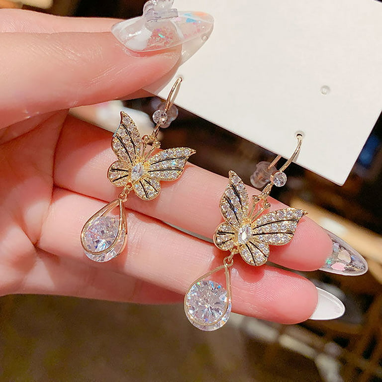 mnjin micro set full diamond butterfly earrings for teen girls minimalist  piercing studs trendy earrings gold