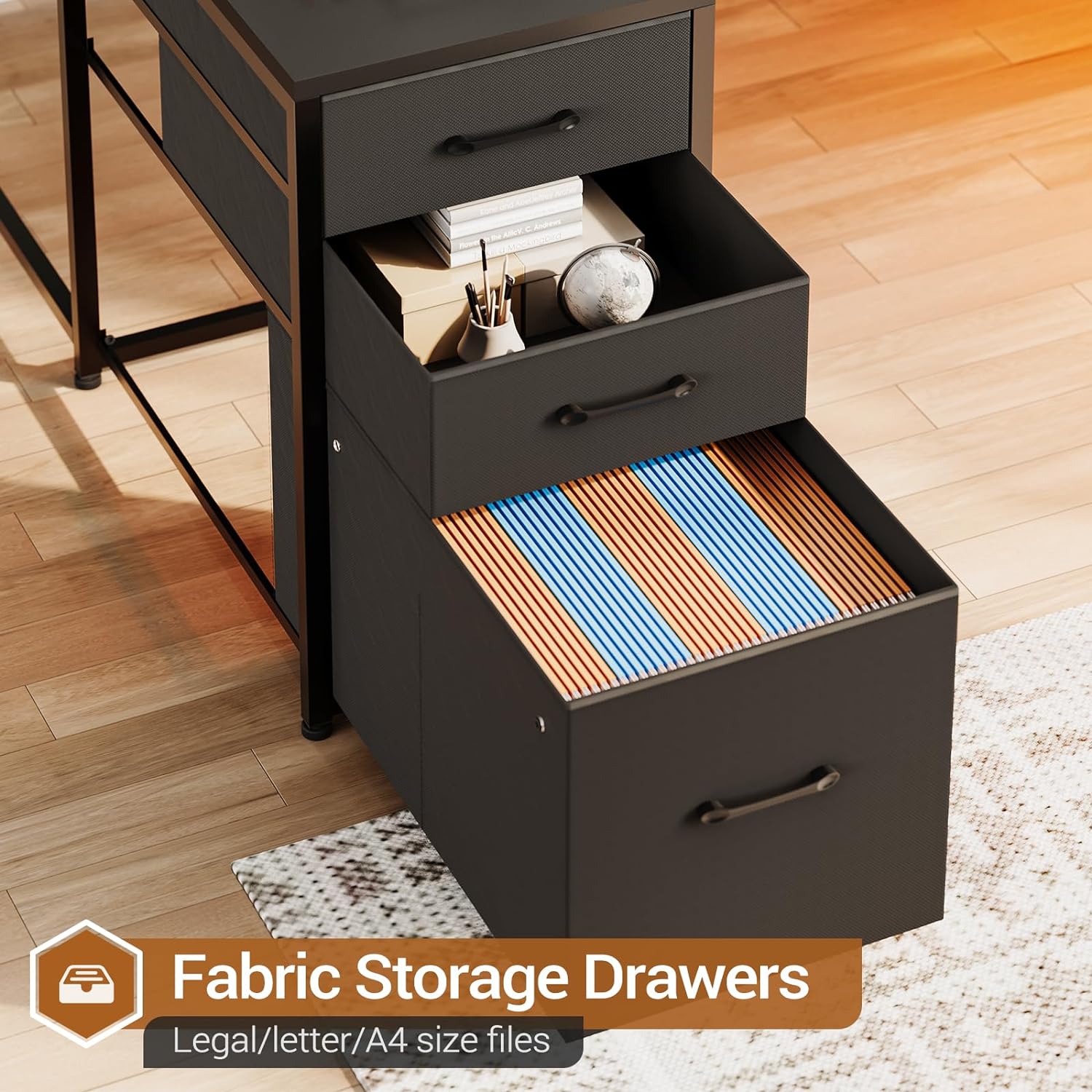 Black Computer Desk with Drawers, 64.5" Reversible Office Desk with Fabric File Drawer, Corner Computer Desk with Power Outlet & LED Strip and Storage Bookshelf
