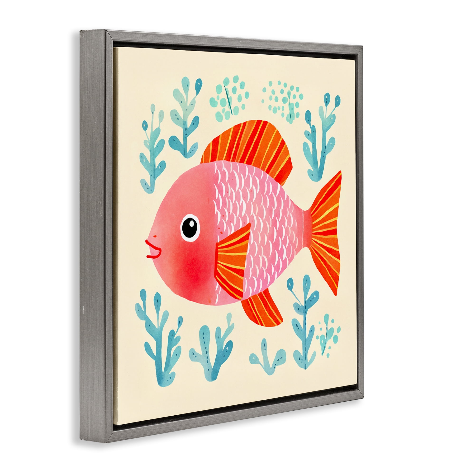 Stupell Industries Happy Fish & Seaweed Sprigs Animals Painting Gray Floater Framed Canvas Art Print Wall Art, 18 x 18