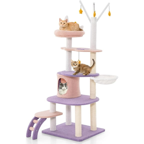 THJTDH Cat Tree Tower, 62 Inch Multi-Level Cat Tower with Cat Condo, Sisal Scratching Posts, Ladder, Plush Perch, Hammock, Cloud Platforms, Dangling Star Toys, Cute Purple Cat Tree for Indoor Cats