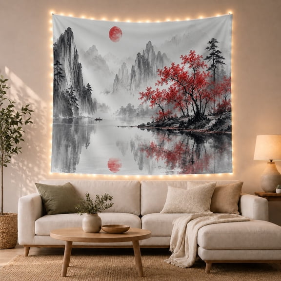 Traditional Wash Series with Mist Shrouded Towering, Serene Japanese Inspired for Japanese Art Lovers, Wall Decor, Housewarming Gift, Tapestry Wall Hanging for Dorm and Living Room