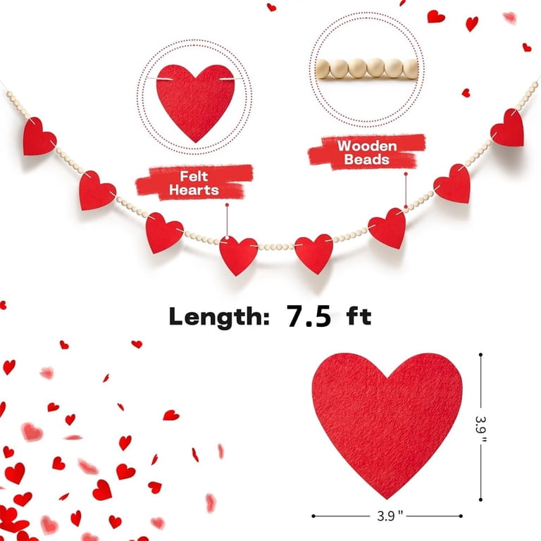 Valentine's Day Garland Banner - Red Felt Hearts & Wood Beads, Farmhouse Style Mantle Decor