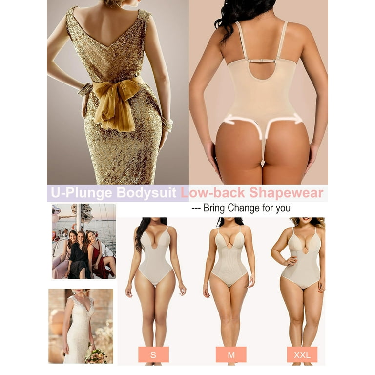 Sveltors Low Back Shapewear Bodysuit for Women Tummy Control Deep V Neck  Backless Plunge Thong Body Shaper 