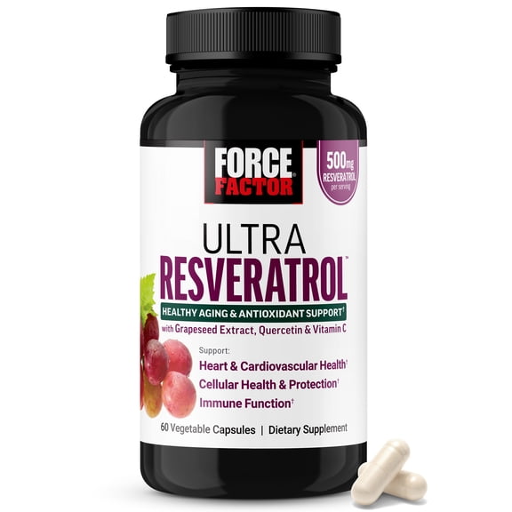 Force Factor Ultra Resveratrol, 500mg Trans-Resveratrol with Grapeseed Extract, Quercetin & Vitamin C, Antioxidant Supplement for Healthy Aging & Cellular Protection, 60 Capsules