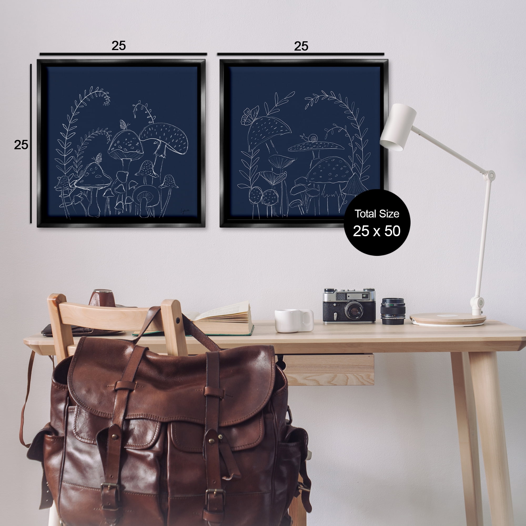 Stupell Industries Minimal Happy Mushroom Garden Floral & Botanical Painting Black Floater Framed Canvas Art Print Wall Art, 25 x 25, Set of 2