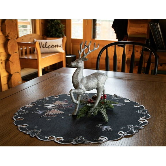 Embroidered Silver Reindeer on Dark Grey Table Toppers (23"/ 33" Round, 33" Square)