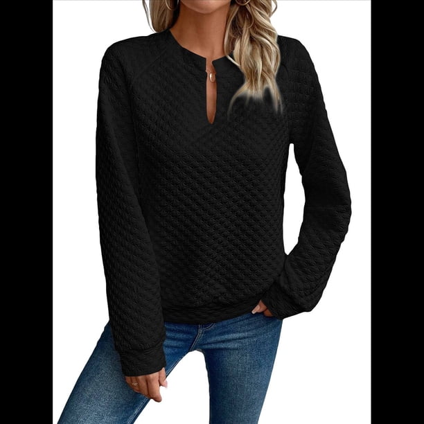 Sudadera de Cuello en V para Mujer, Larga, Estilo Jersey Negro XXL