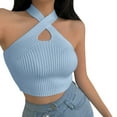 thumbnail image 3 of MESSUEN Halter Tank Top Criss Cross Halter Top Halter Crop Vest Crop Halter Strappy Tank Topsfemale Knitted Off Shoulder Crop for Women Basic Tank Tops for Women Tops Women Blue One Size, 3 of 7
