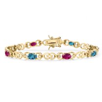 18K Yellow Gold Plated Silver London Blue Topaz and Red Created Ruby and Lab Grown Diamond Bracelet for Women | 4.41 Cttw | Gemstone November Birthstone | Oval 6X4MM | Length 7.25 inches