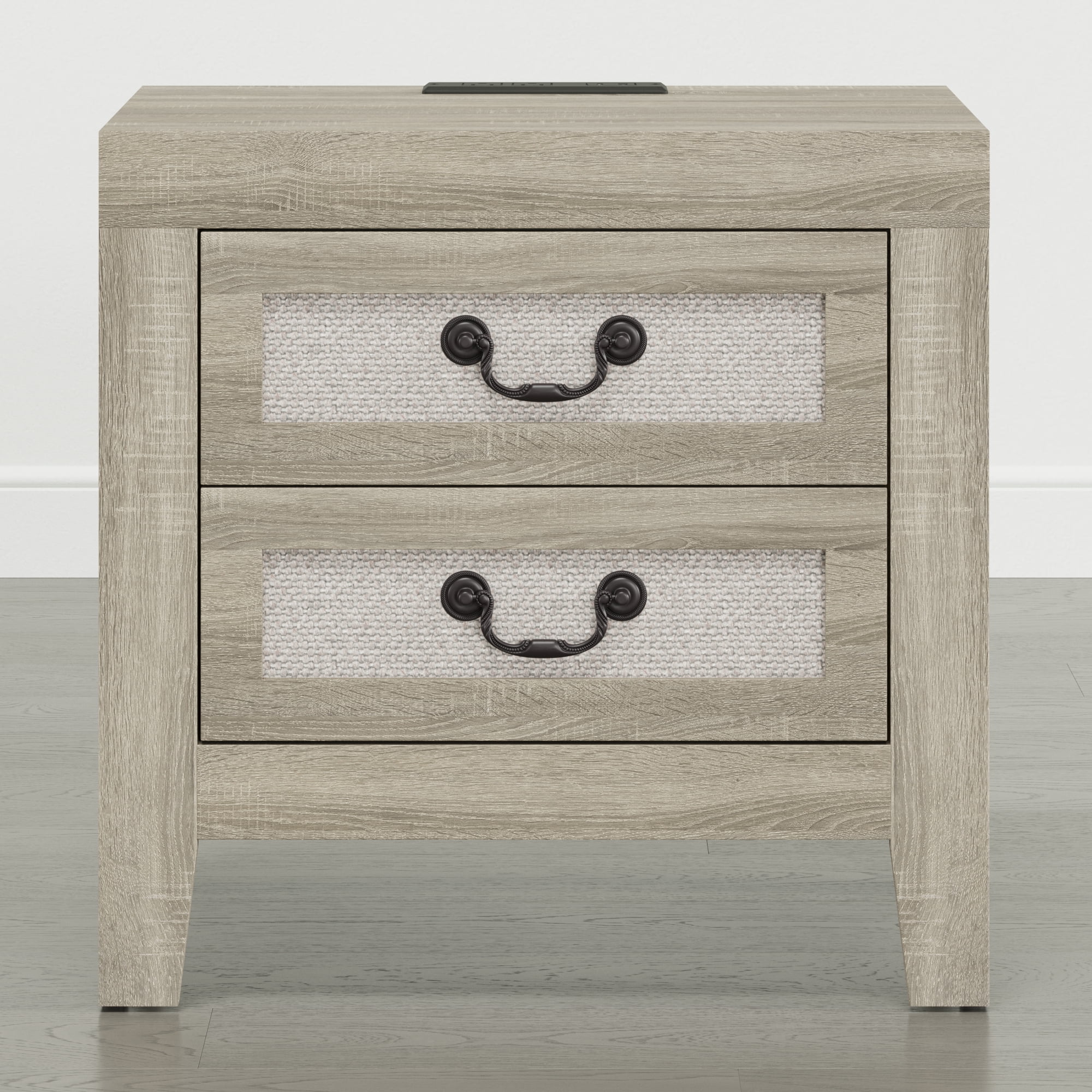 Spruce & Spring Modern Transitional Nightstands Set of 2, 2-Drawer End Tables with Charging Station, Fabric Drawer Front, Natural Wood Finish