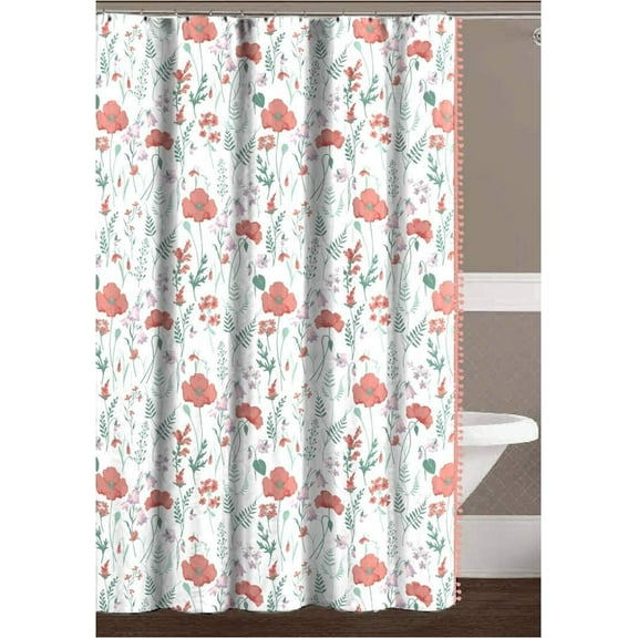 Serafina Home Floral Fabric Shower Curtain for Bathroom: Flowers and Leaves in Coral Red Green White Lilac Peach with Side Pom Fringe