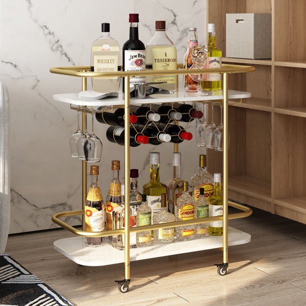 Wine Bar Cart, Small Rolling Serving Cart with Wine Rack and Glass
