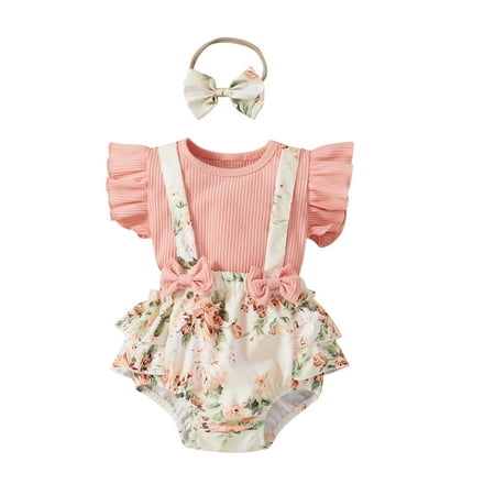 

Fanvereka Baby Girl Floral Outfits Ruffle Sleeve Ribbed T-Shirt and Suspender Shorts with Headband