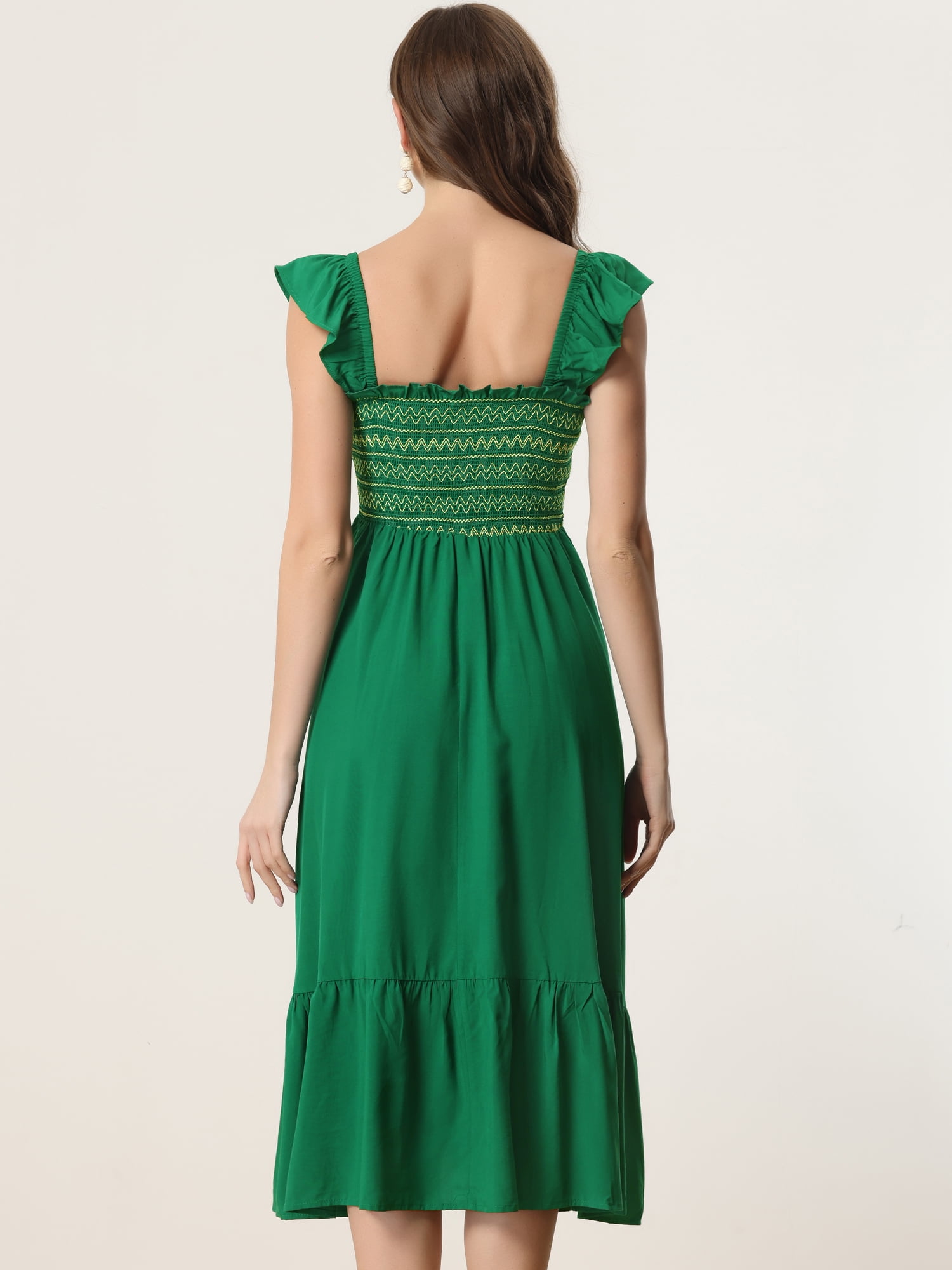 DARING DIVA Square Neck Boho Sleeveless Ruffle Tiered Smocked Sundress S Green