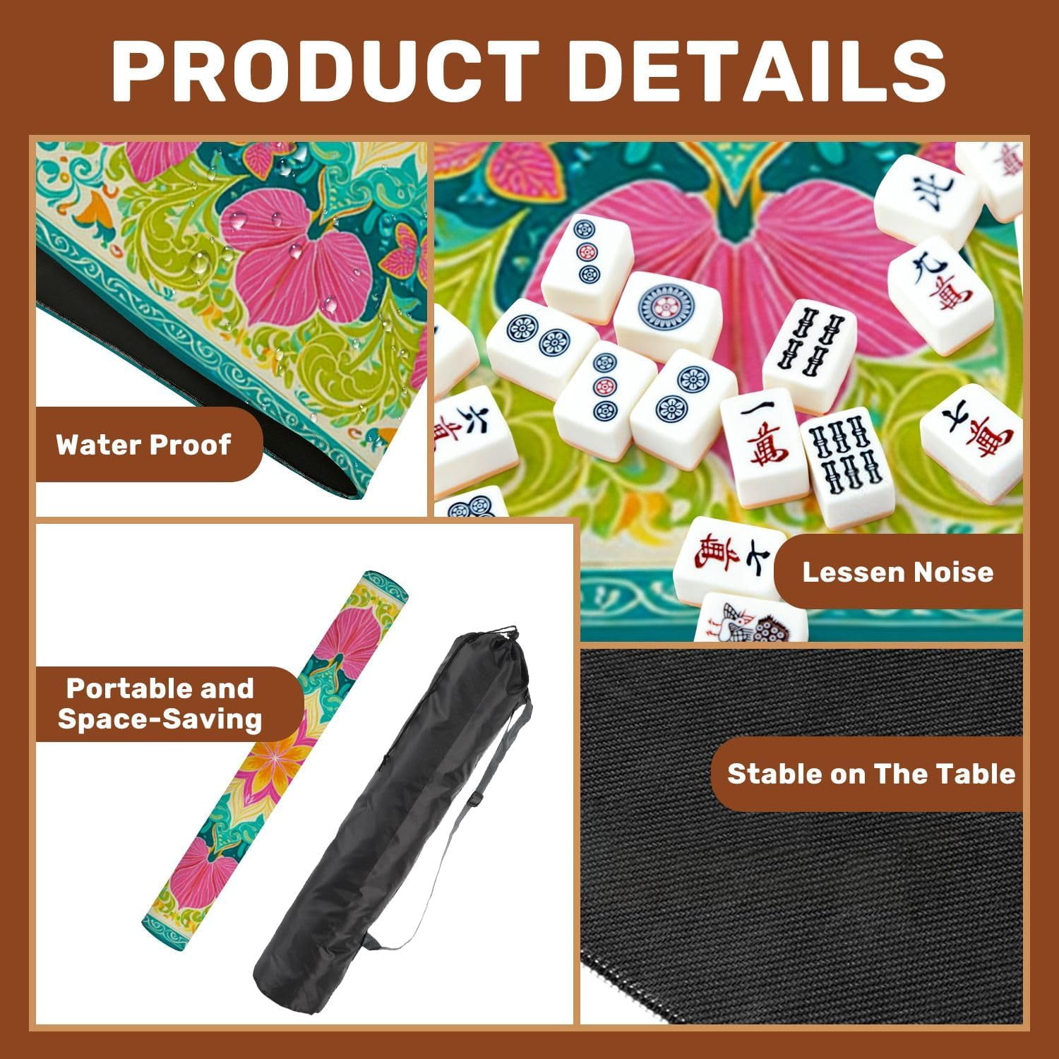 Mahjong Mat with Carrying Bag 31.5" x 31.5" Non-Slip Noise Reduction Floral Mandala Vibrant Pink Green Petals Teal Table Mat for Mahjong Poker Dominoes Card Board Tile Games
