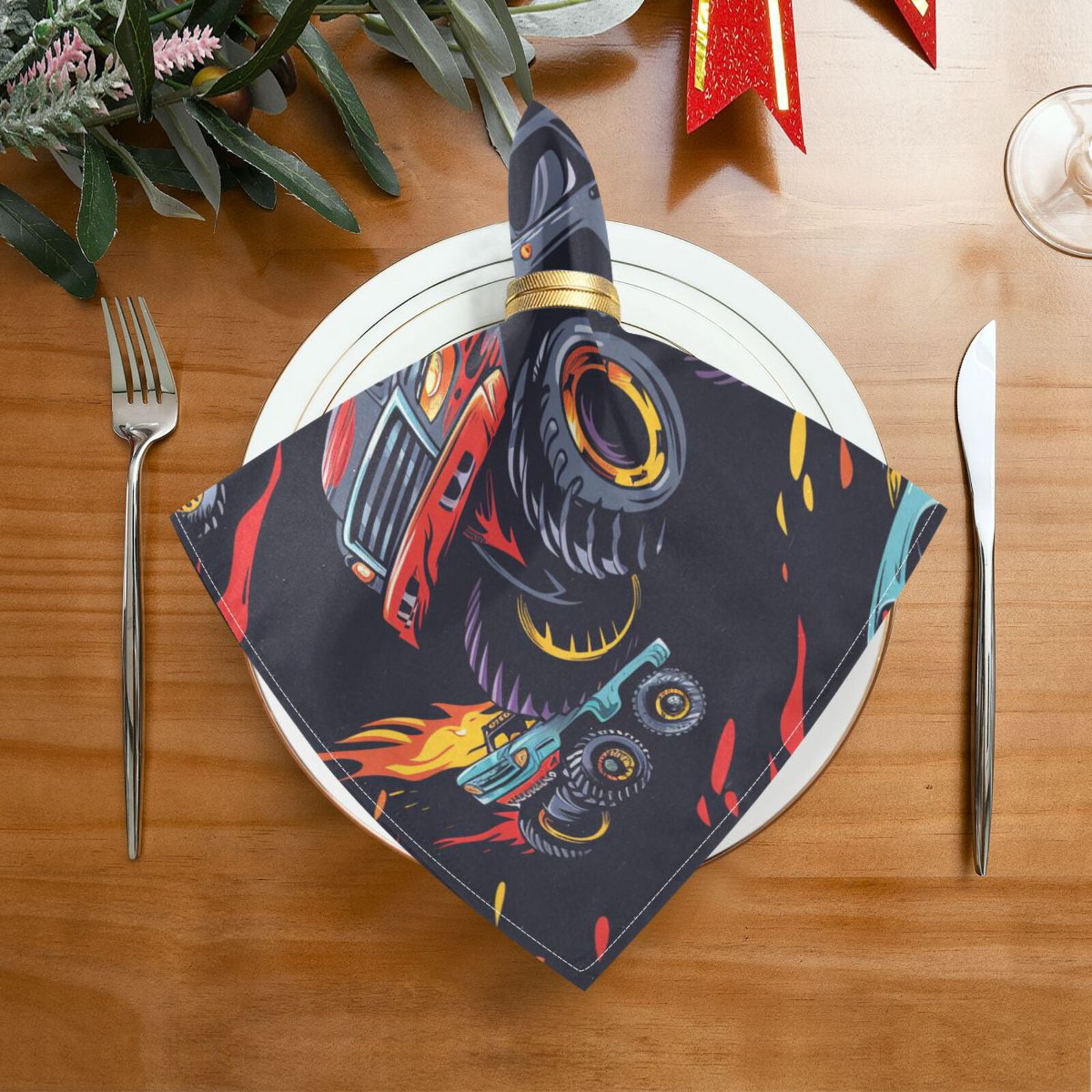 JSTEL Monster Truck Running Cloth Napkins Set of 6, 20x20 Inch Washable and Reusable Napkin for Decoupage Dinner Party Everyday Use