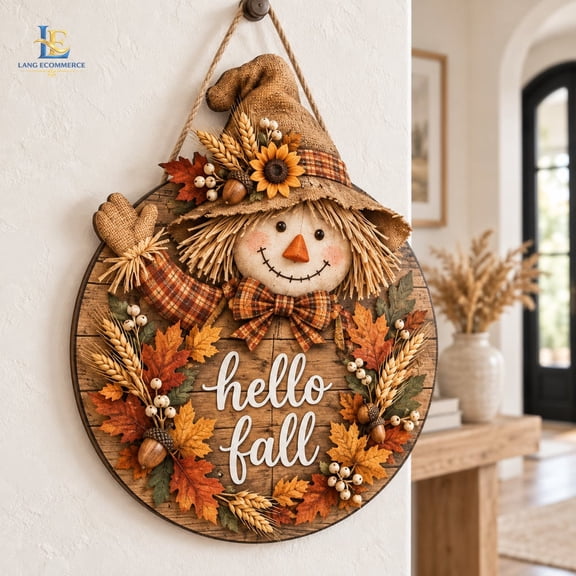 Door Hanger Scarecrow Fall Theme Wooden Front Door Decor for Autumn Farmhouse Home