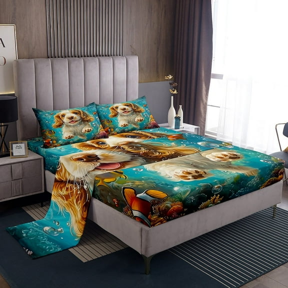 Erosebridal 3D Pug Sheet Set Twin, Teal Ocean Bedding Sets Twin Size, Cute Dog Animal Decor 3pcs