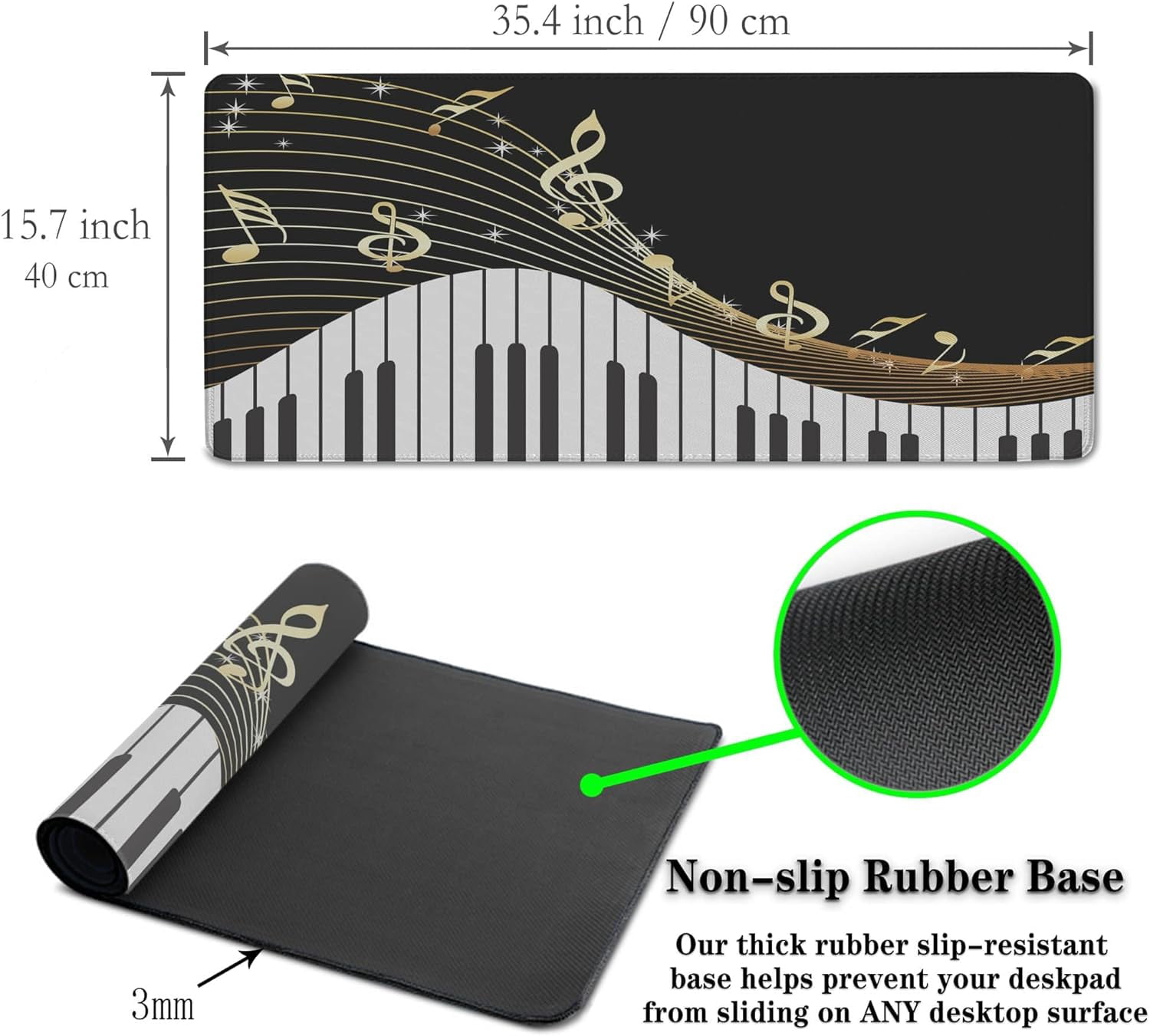 Large Mousepad Music Notes Keyboard Pad Large Gaming Mouse Pads XXL Mouse Pad Gaming Non-Slip Rubber Base 35.4 X 15.7 for Game Office, Black Piano Musical Instrument and Notes