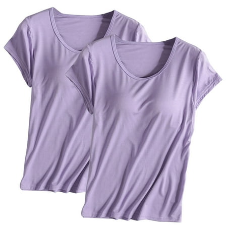 Wiyuqeen 2 Pack Pajama Shirts with Built in Bra Women Soft Comfy Short Sleeve Pajama T Shirts Lightweight Plain Sleepwear