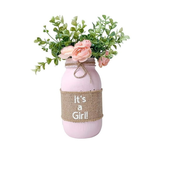 It's a Girl Mason Jar Centerpiece for Baby Shower Girl, Light Pink Painted and Distressed Mason Jar Wrapped In Burlap, Silk Flowers Included, Baby Shower Decorations for Girl, Baby Shower Centerpiece