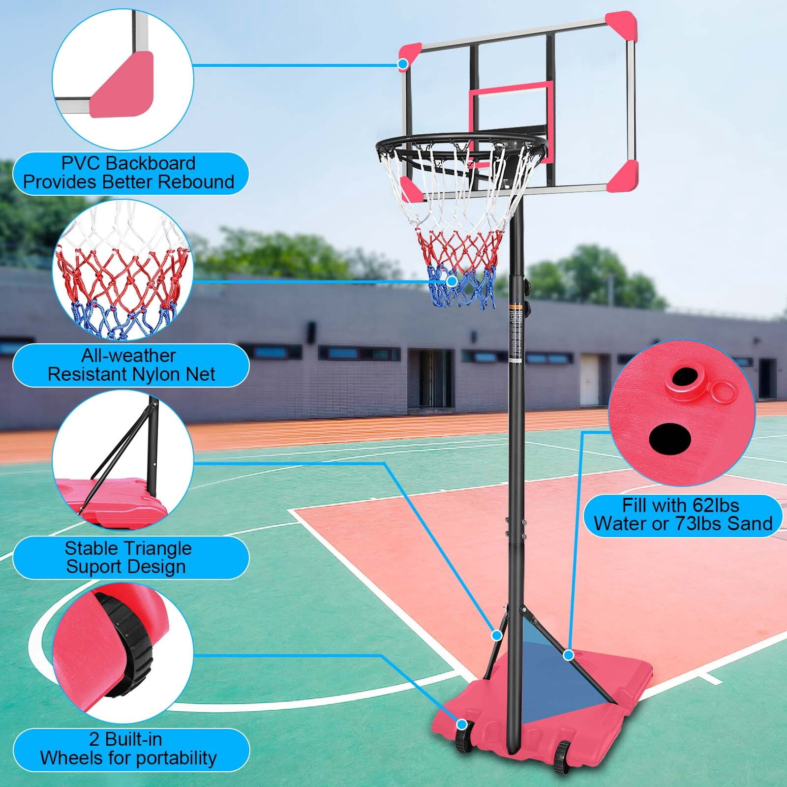 Alvantor 28in Basketball Goal Portable Basketball System Height Adjustable 5.6ft to 7ft with Stable Base and Wheels for Outdoor/Indoor Pink
