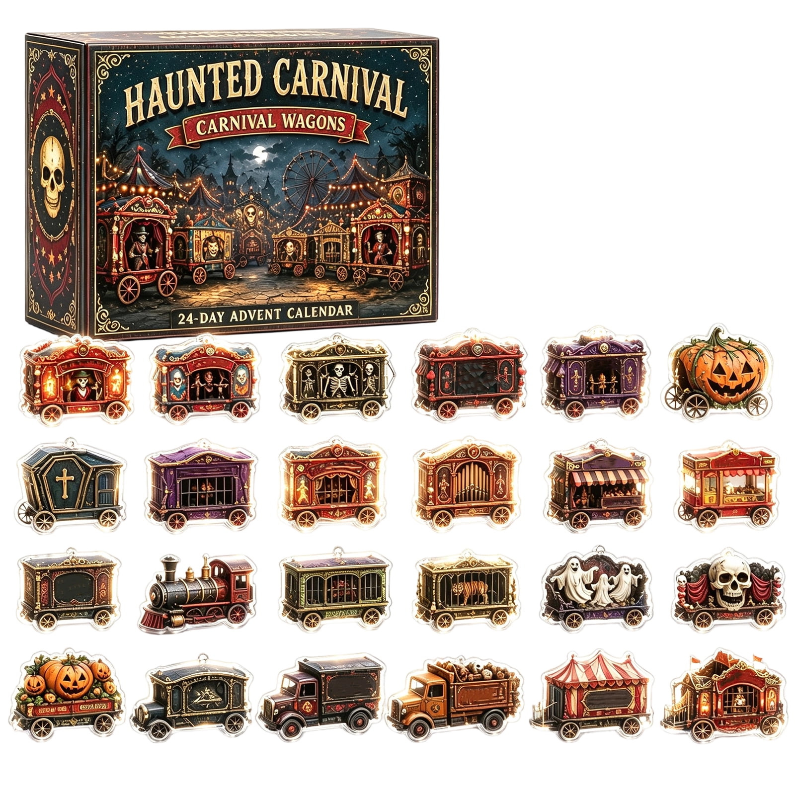 Haunted Carnival Advent Calendar 2026 24 Pcs 2D Acrylic Hanging Ornaments Carnival Wagon Ornaments Set for Halloween Decor Gift for Spooky Lovers