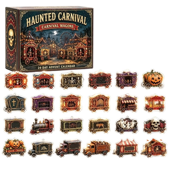 Halloween Christmas Tree Ornaments 24 Piece Haunted Carnival Wagon Hanging Decorations Spooky Vintage Gothic Home Party Display Set