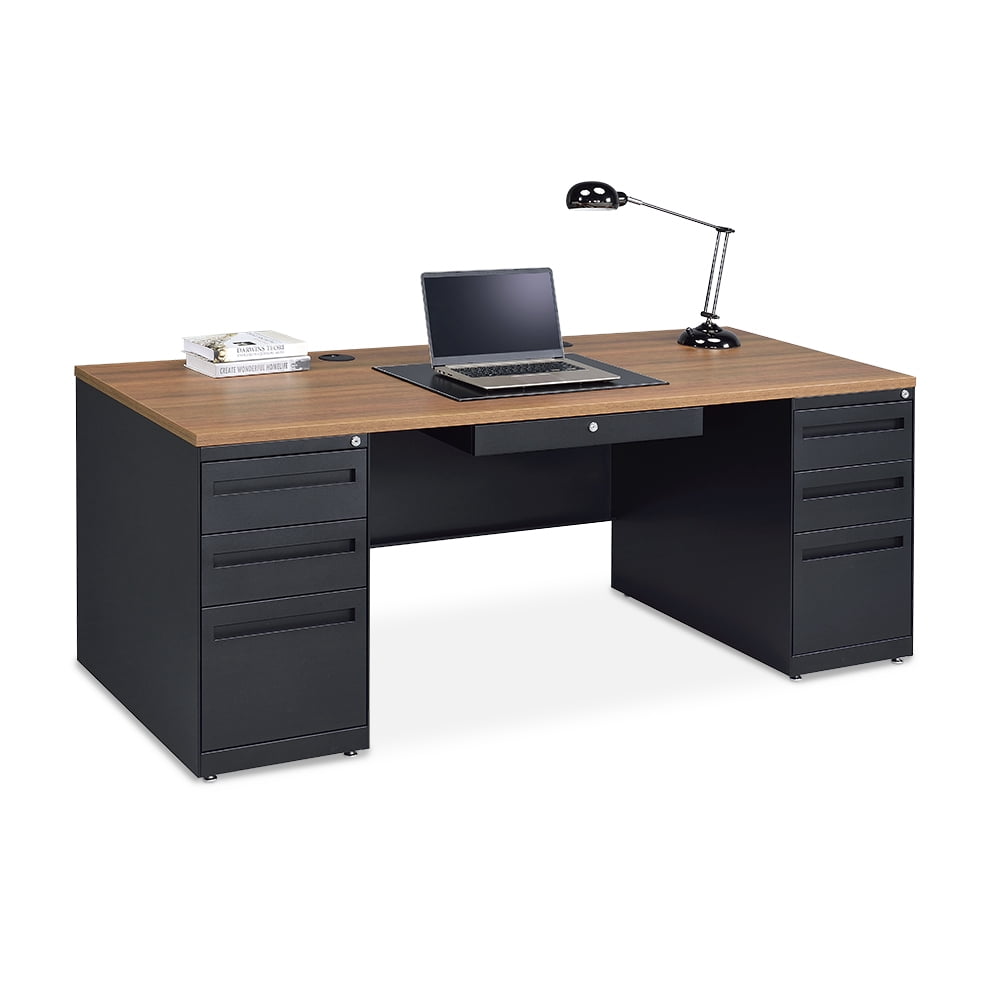 Carbon Executive Desk and Credenza Set Planed Teak