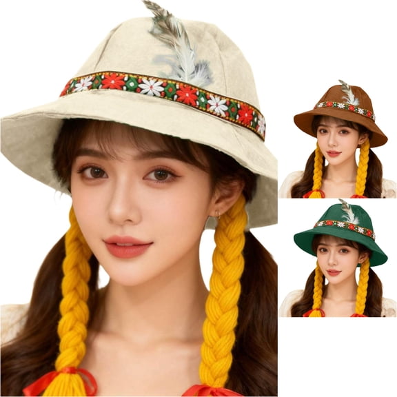 HNMKIU Bavarian Festival Bucket Hat For Oktoberfest With Braids Traditional Party Accessory White,One Size