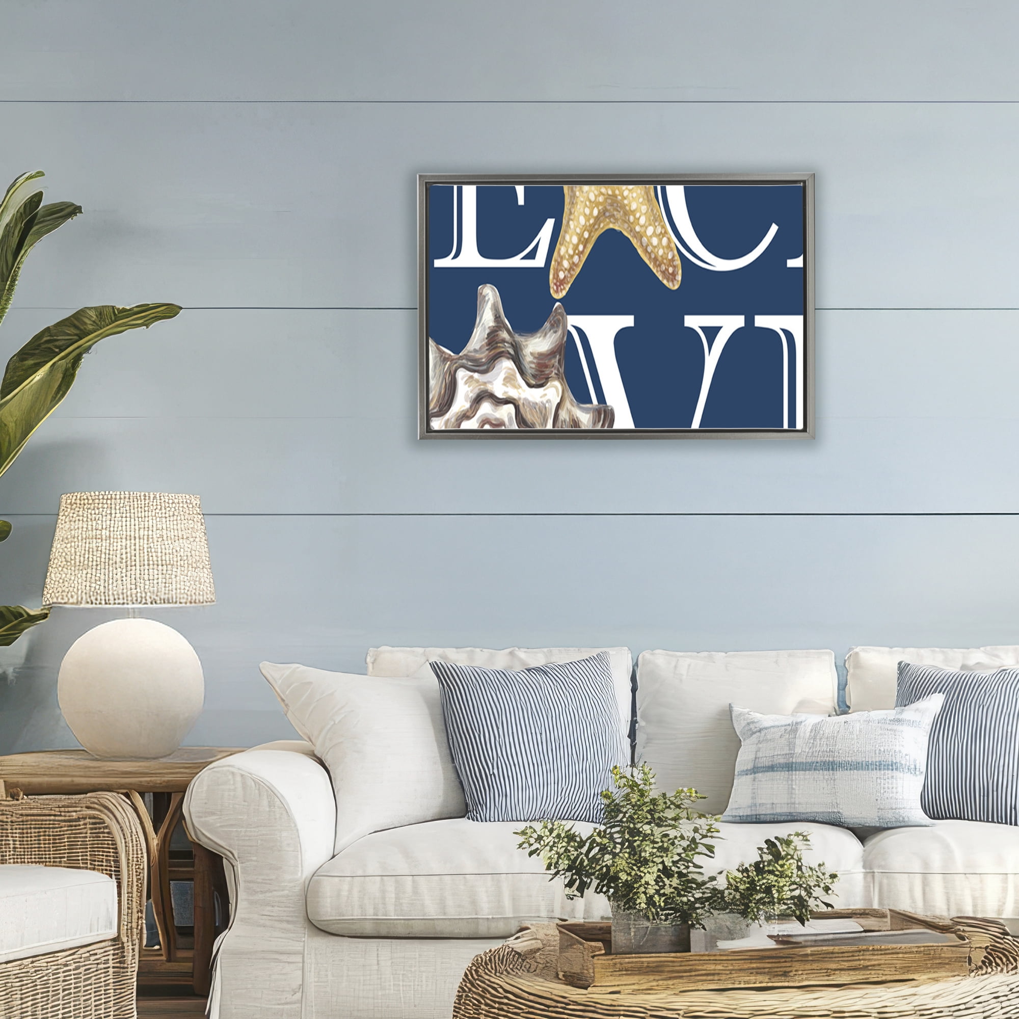 Stupell Industries Beach Love Seashells Gray Framed Floater Canvas Wall Art, design by Kim Allen