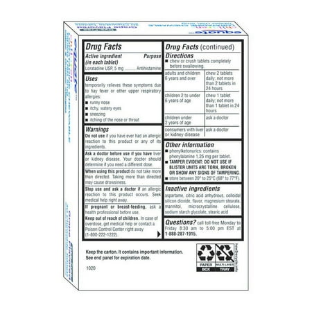 Equate Children's Dye-Free Non-Drowsy Loratadine Grape Flavor Chewable Tablets, 5 mg, 30 Count