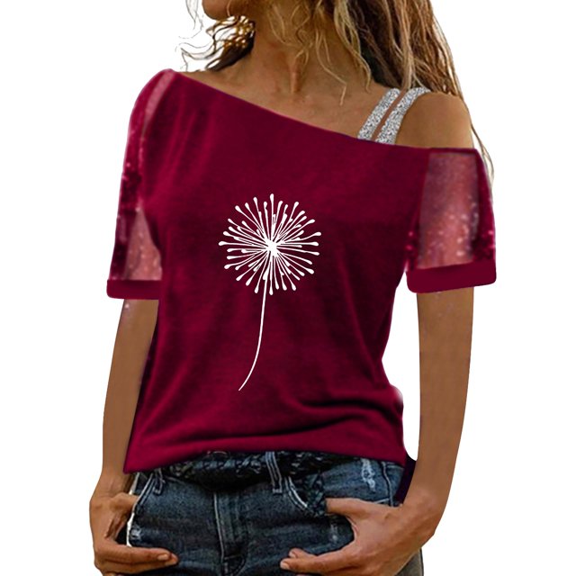Gibobby Playera de Manga Corta con Cuello Redondo Mujeres Impreso Hombro Tops Sexy Glitter Camisa manga corta Blusa Tops(Vino,XL)
