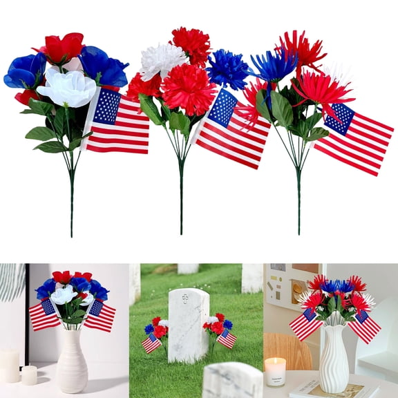 6 Bunches Memorial Day Artificial Flowers,13in Red Blue White Cemetery Flower with Spikes and Flags,Patriotic Bouquet Decorations for Veterans Day 4th of July Independence Day Grave Home Decor