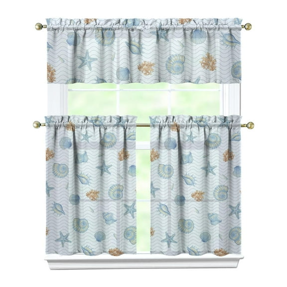 Kitchen Curtains 36 Inch Short - 3 Panel Set, Seashell Starfish Nautical Print, Rod Pocket Window Curtain for Tropical Beach Farmhouse, Sea Coral Cute Design, Easy Wash