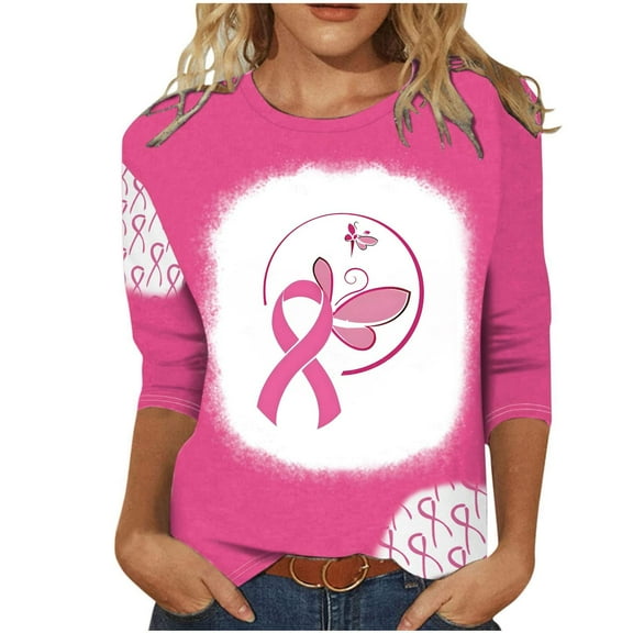 TKLPEHG Womens Breast Cancer Shirts 3/4 Sleeve Tops Pink Ribbon Graphic Tee Casual Round Neck Casual Fall Clothes (Pink,S)