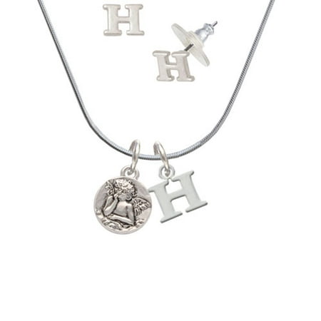 Right Angle Stud - Small Raphael Angel on Disc - H Initial Charm Necklace and Stud Earrings Jewelry Set