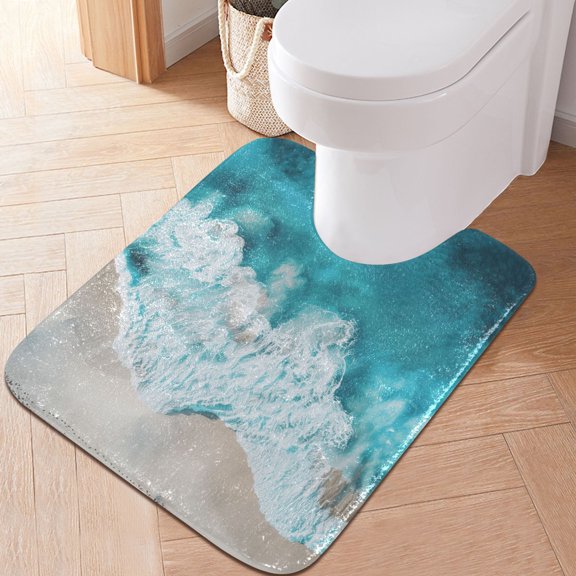 Toilet Rug U-Shaped Bathroom Rugs Non-Slip Soft Plush Machine Washable Contour Bath Mat Waves and Beach 24x20