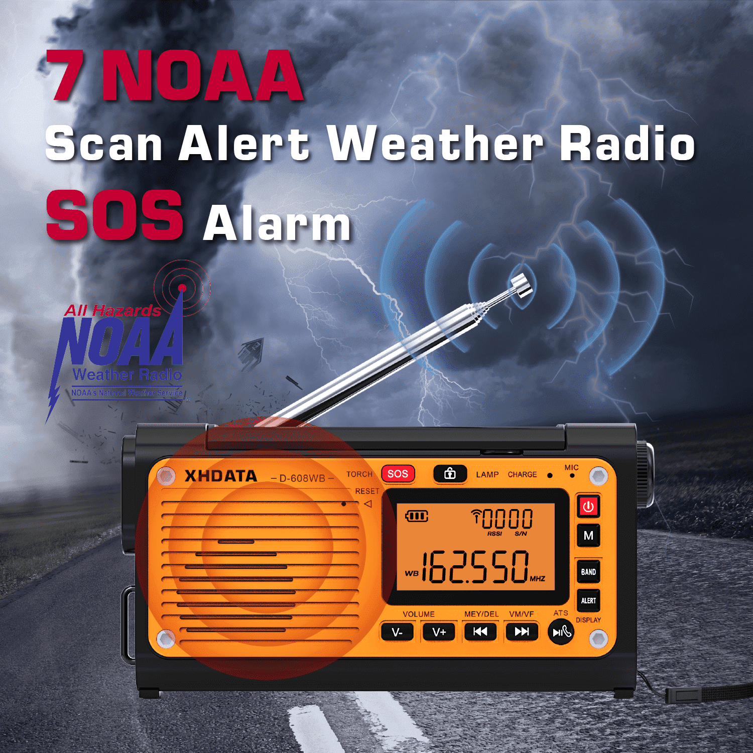 XHDATA D608WB - Emergency Weather Hand Crank Radio FM/AM/SW/NOAA Alert Portable, Bluetooth MP3, USB/Solar/Hand Crank Charging, Flashlight, Reading Lamp and SOS Alarm